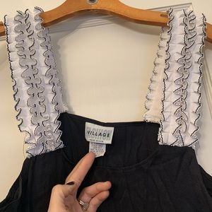 Vintage black Flowy dress with black and white ruffle straps!